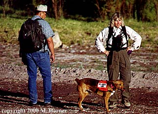 Two searchers and a dog