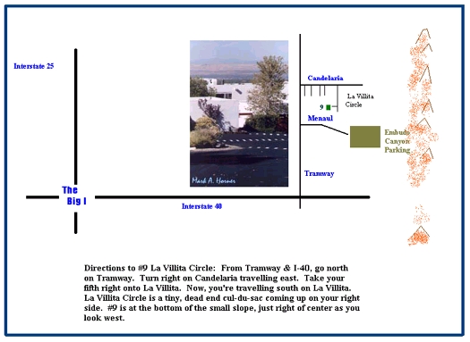 Graphic blending map and photograph of Linda Henning’s adobe style home.