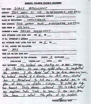 The Domestic Violence Victim's Statement filled out by Girly Hossencofft on January 17, 1998. This document was quoted in the previous edition of The Horner Report.