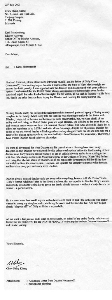 Typed letter written by Girly’s father,  Chew Shing Kheng, to New Mexico District Attorney Kari Brandenburg on July 22, 2001.